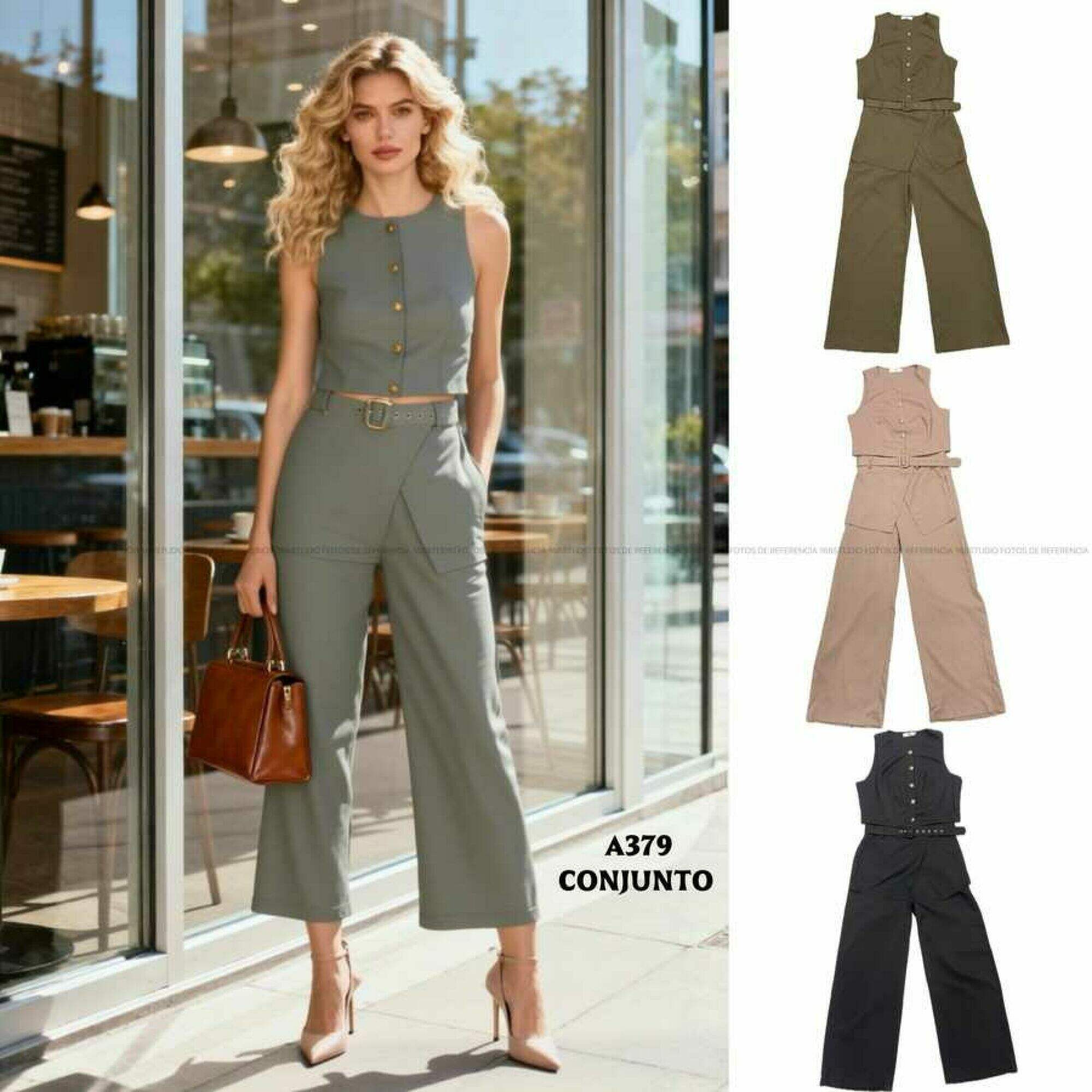 Conjunto de dos piezas: top corto sin mangas y pantalones anchos con cinturón