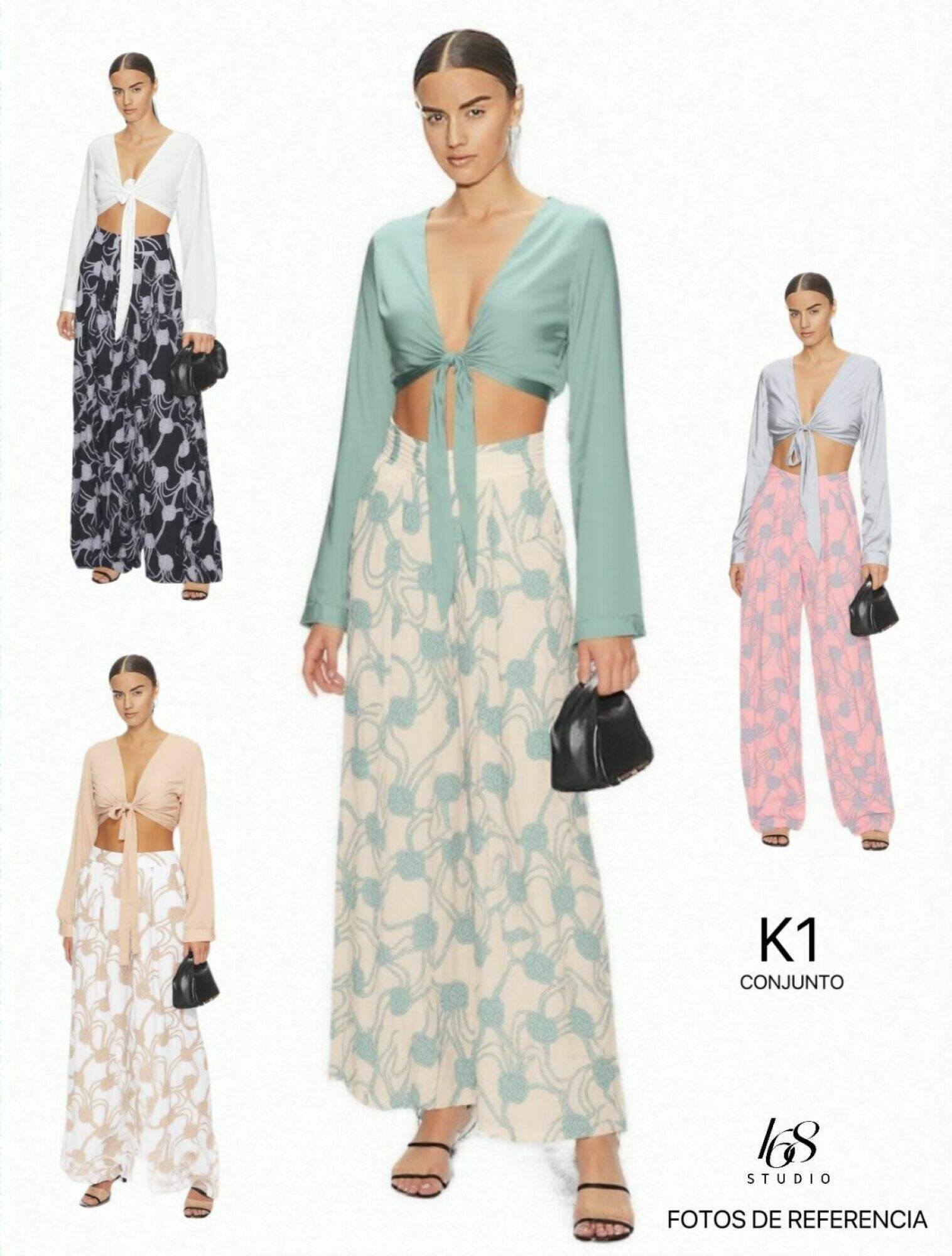 Conjunto de top corto con lazo y pantalones anchos con estampado abstracto, ideal para vacaciones