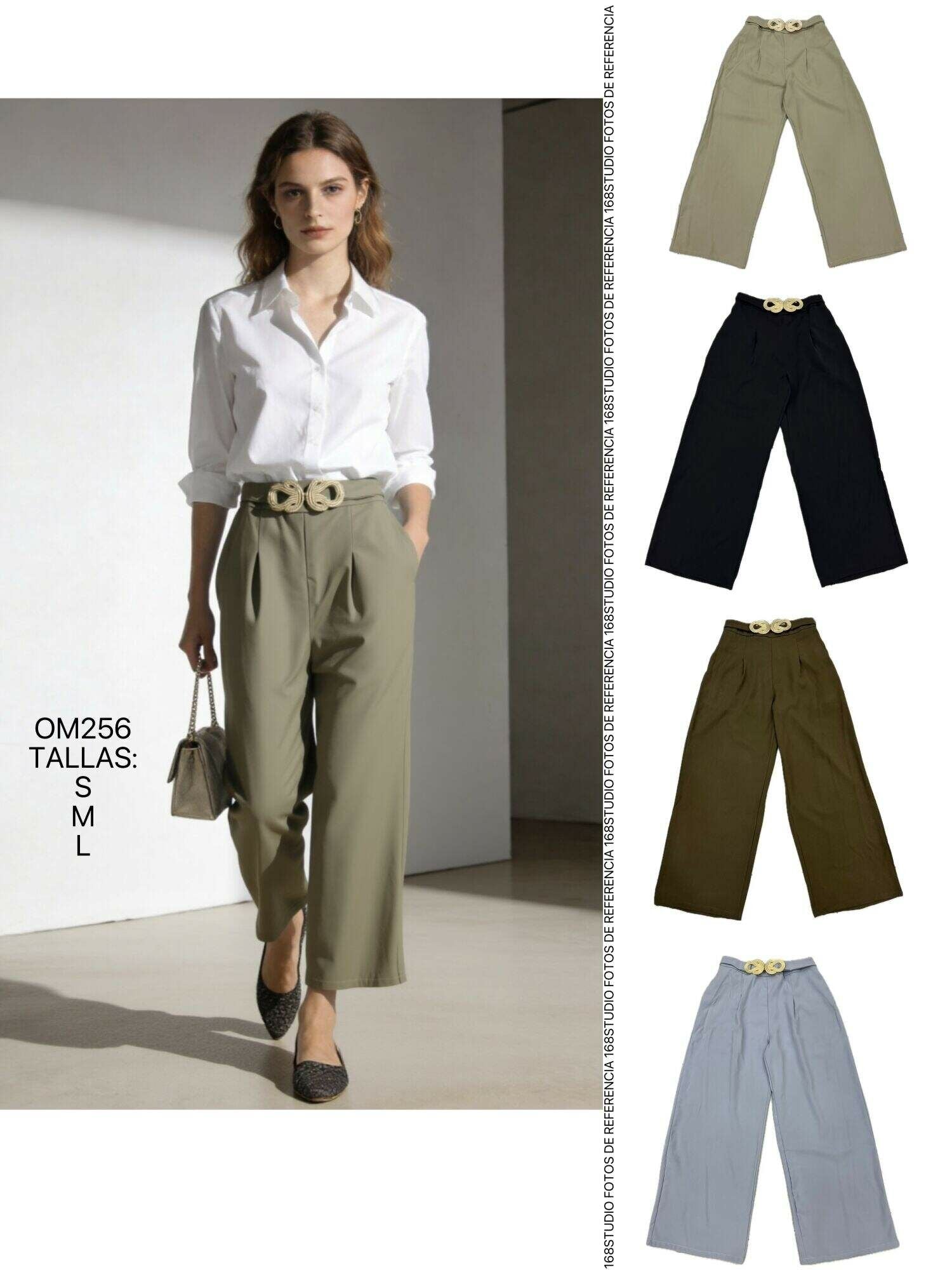 Pantalones anchos de talle alto OM256 con hebilla metálica