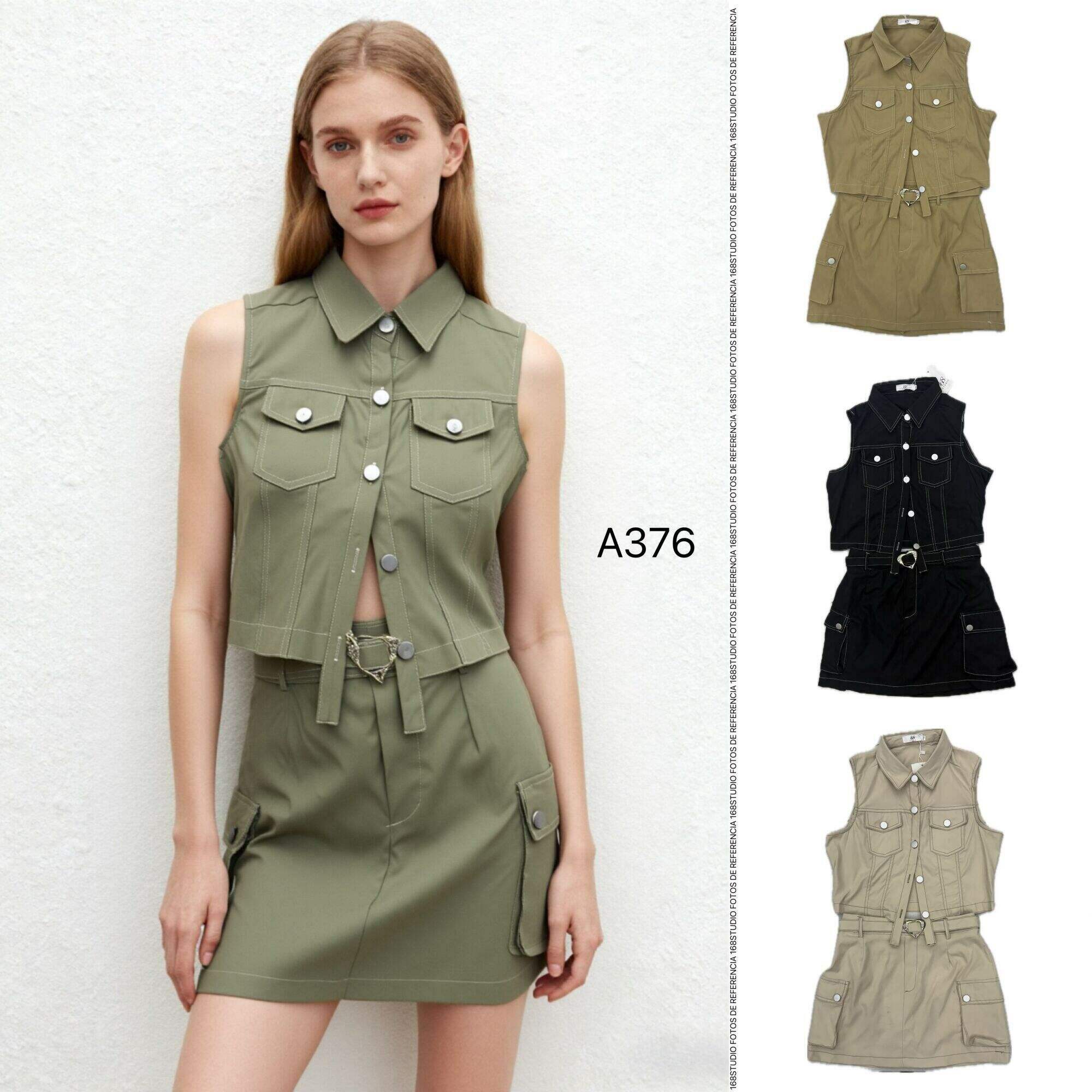 Conjunto de chaleco sin mangas y falda mini de estilo utilitario
