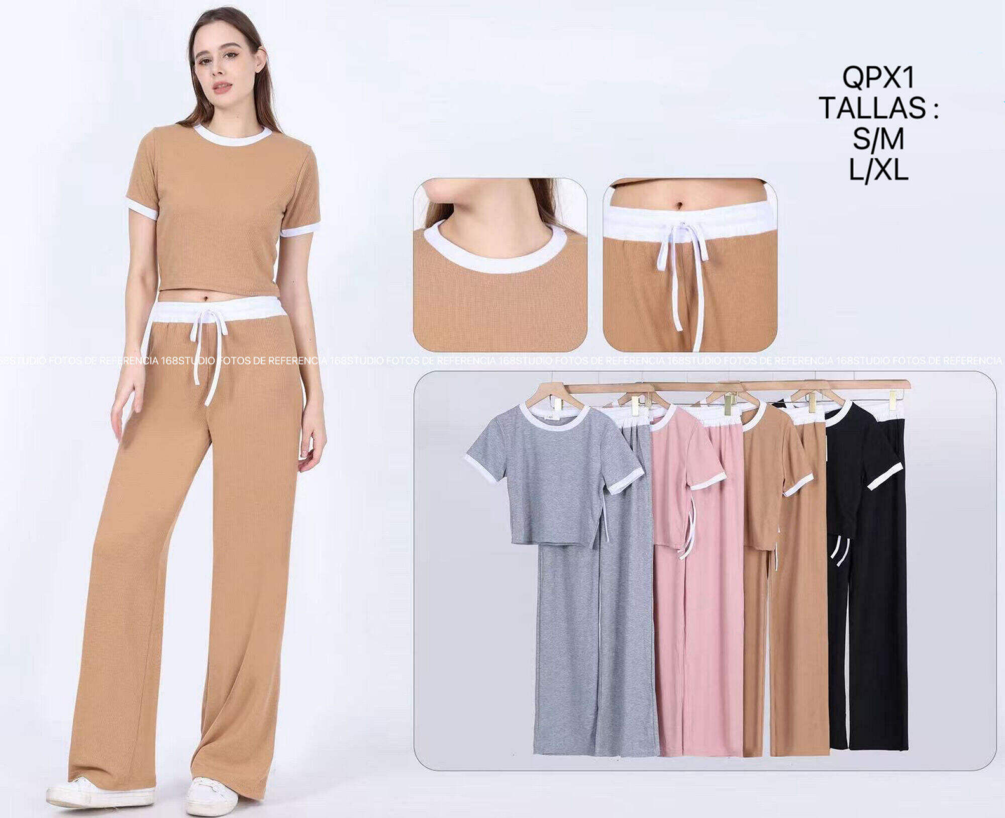 Conjunto de manga corta y pantalones anchos con ribetes de contraste