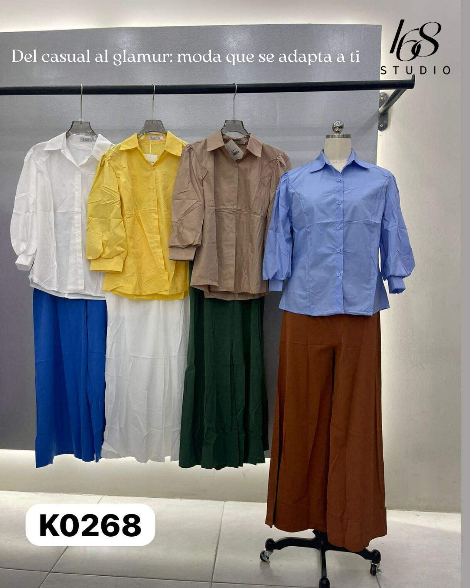 Conjunto de camisa de manga media de colores pastel y pantalón largo fluido