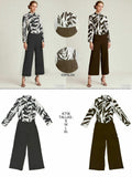 Conjunto de camisa con estampado abstracto y pantalón ancho, estilo elegante
