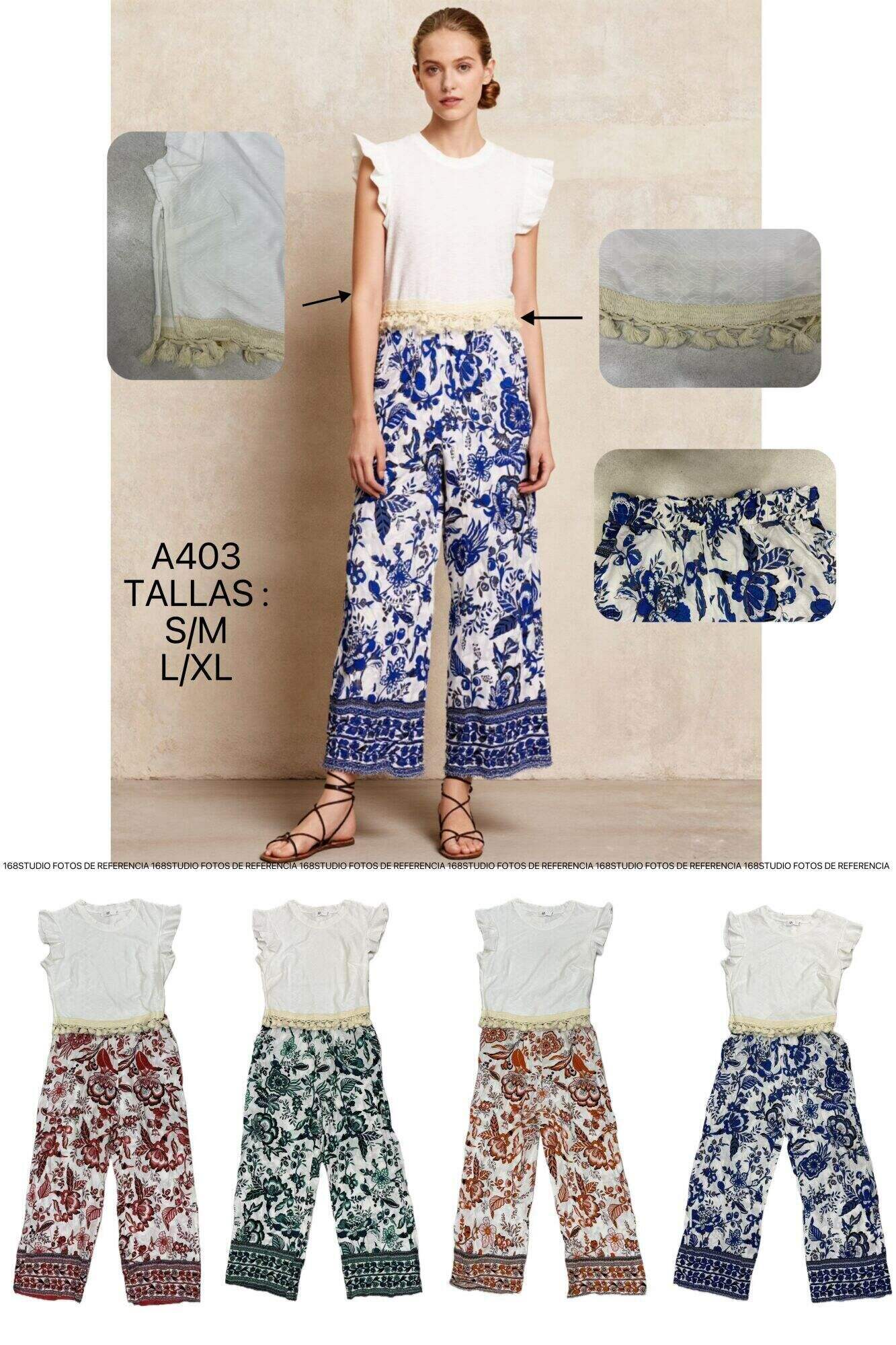 Conjunto de pantalones anchos con estampado de porcelana azul y blanca
