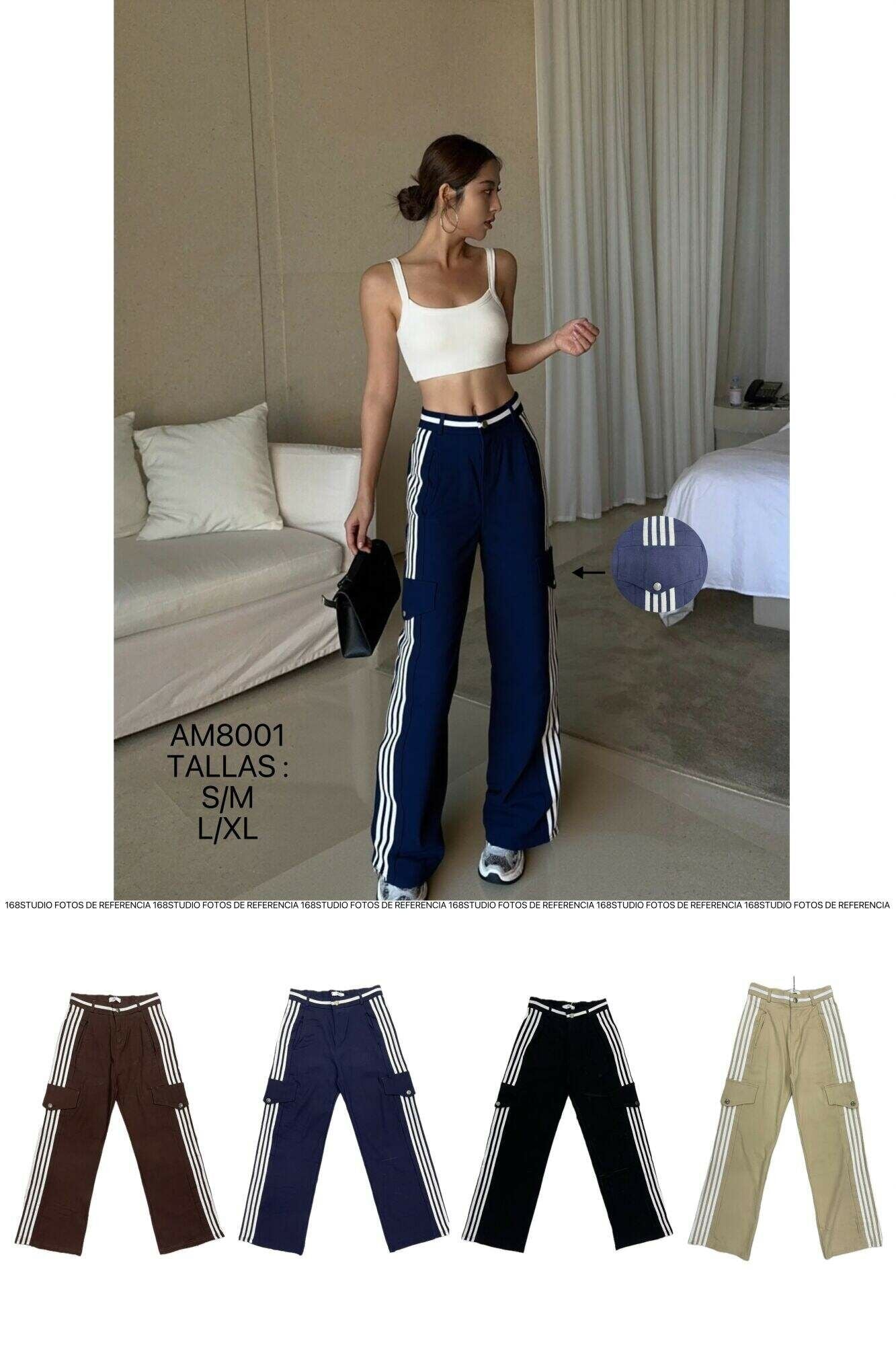 Pantalones anchos cargo para mujer AM8001 con rayas laterales