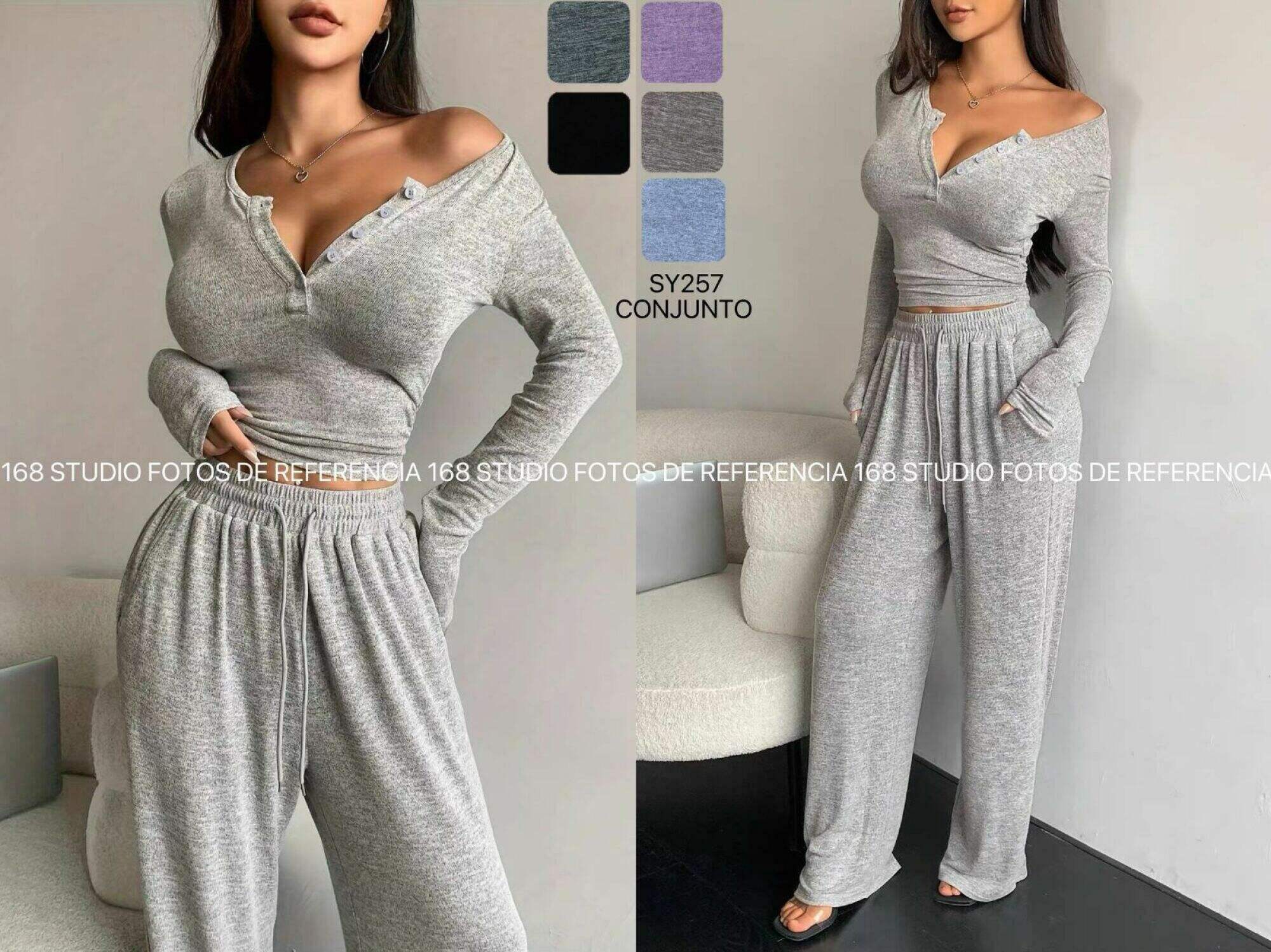 Top corto de manga larga de cuello henley y pantalones anchos con cordón
