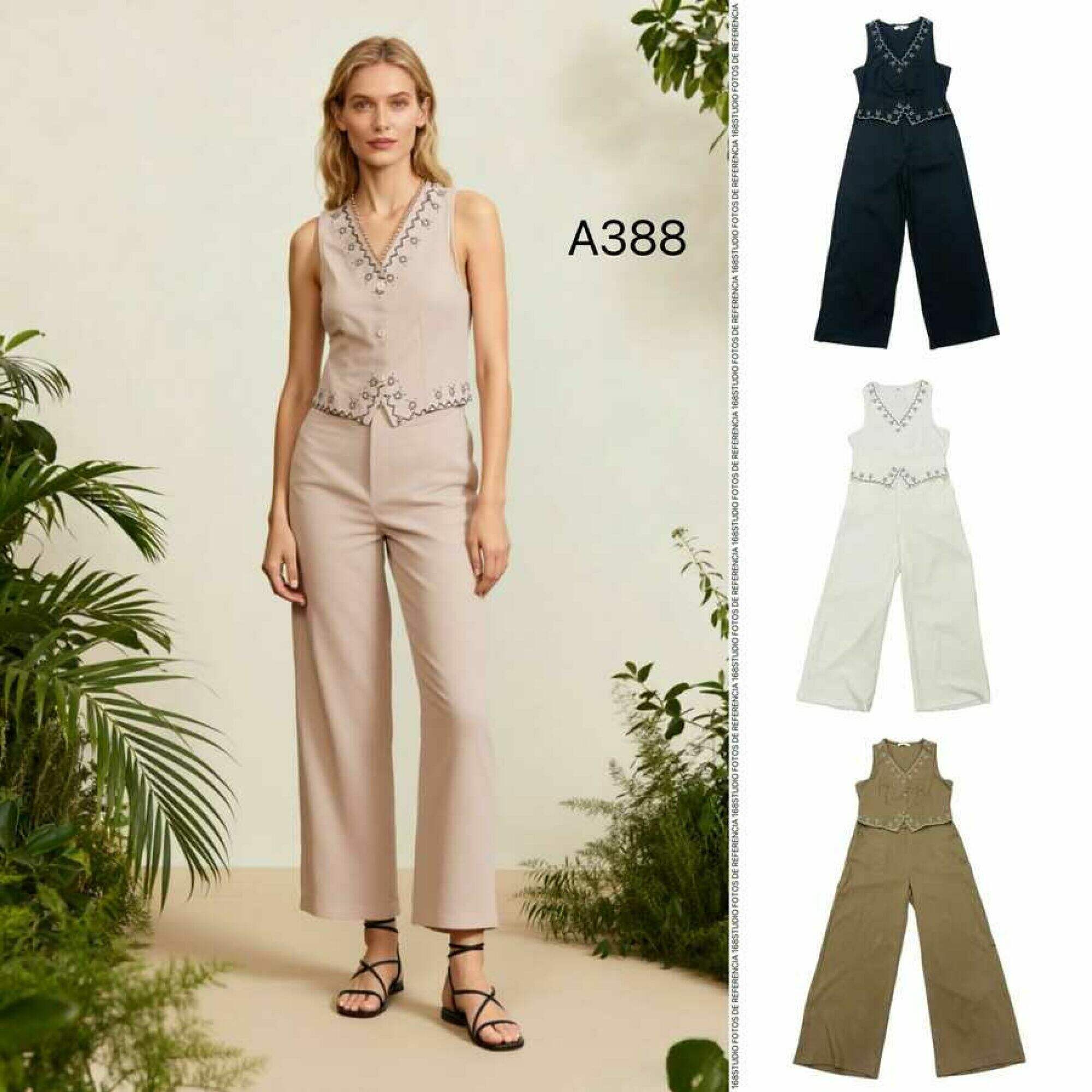 Conjunto de chaleco sin mangas con bordado y pantalones anchos