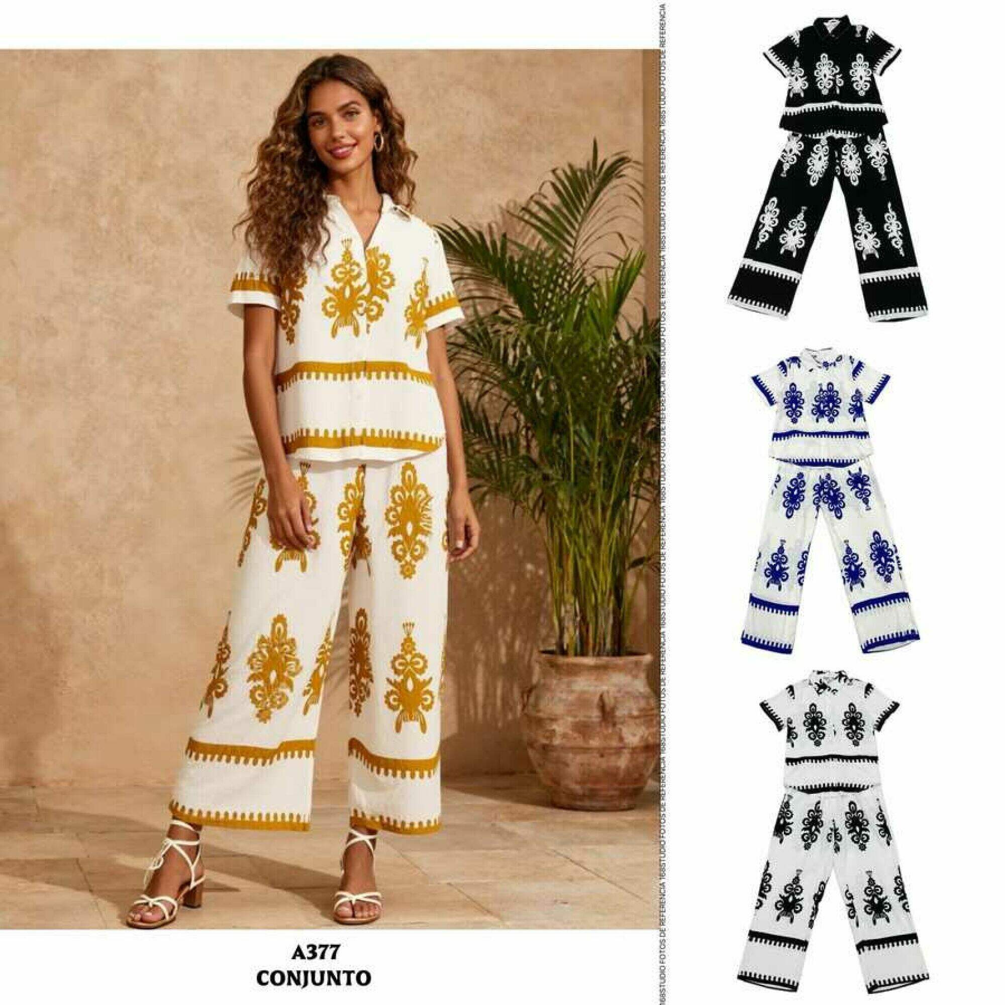Conjunto de camisa de manga corta y pantalones anchos con estampado étnico, ideal para vacaciones