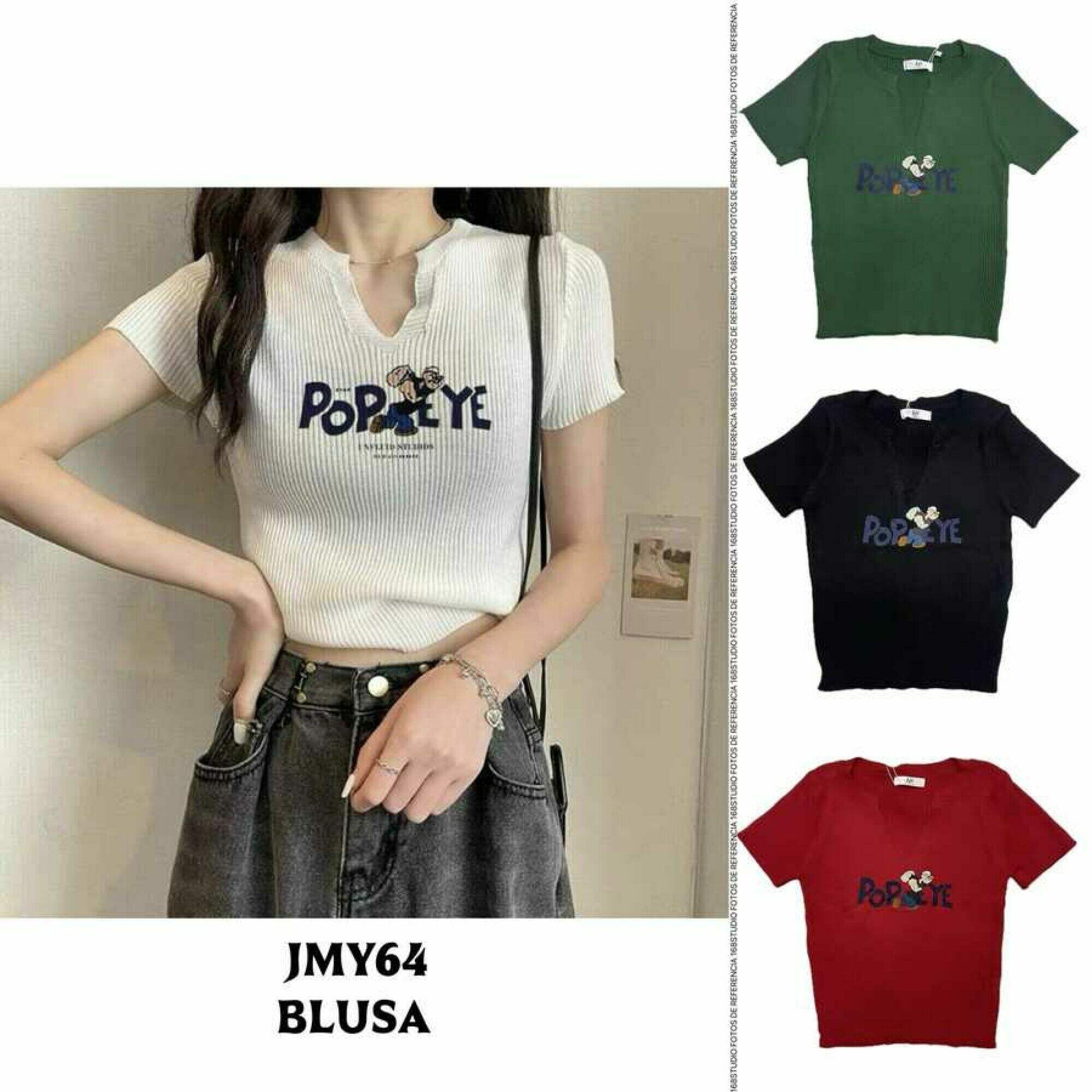 Camiseta Corta de Punto con Estampado de Popeye, Cuello en V y Ajustada