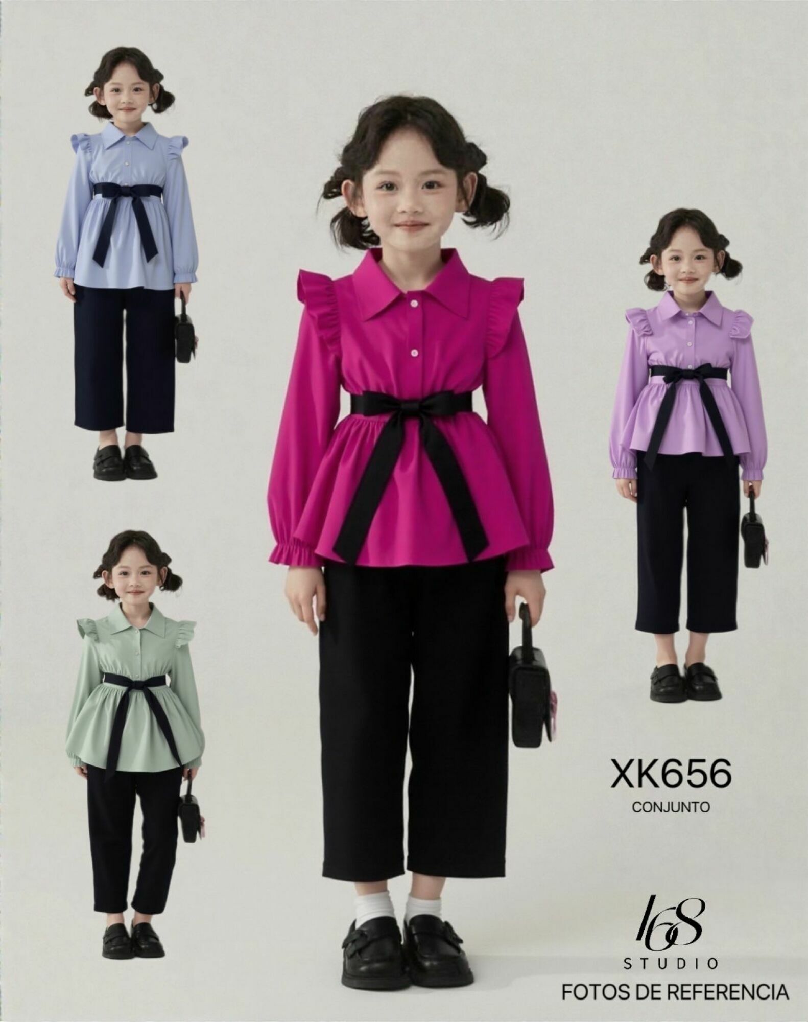 Conjunto XK656 para niña: blusa con volantes y pantalones anchos