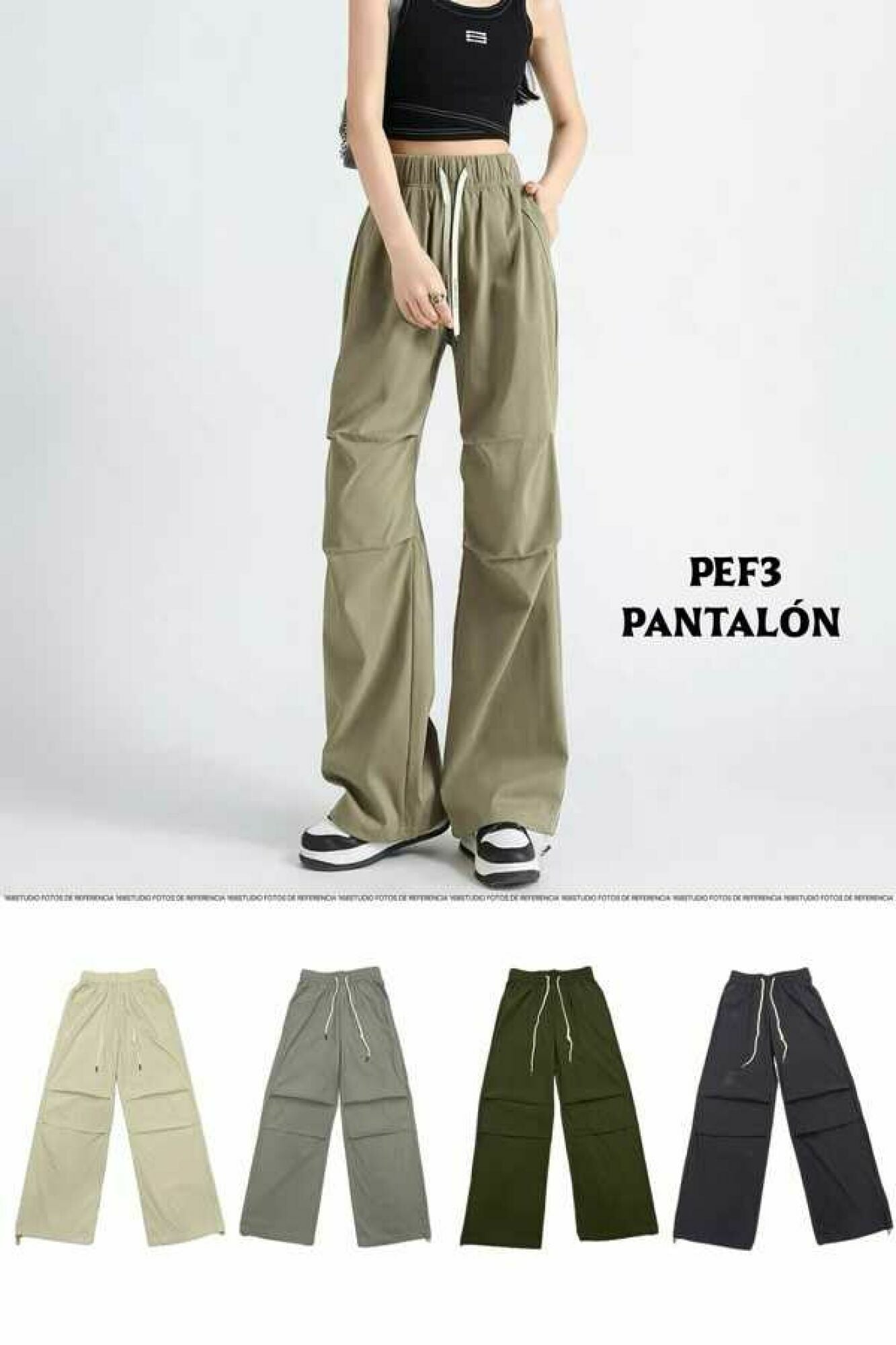 Pantalones anchos cargo con cordón y pliegues