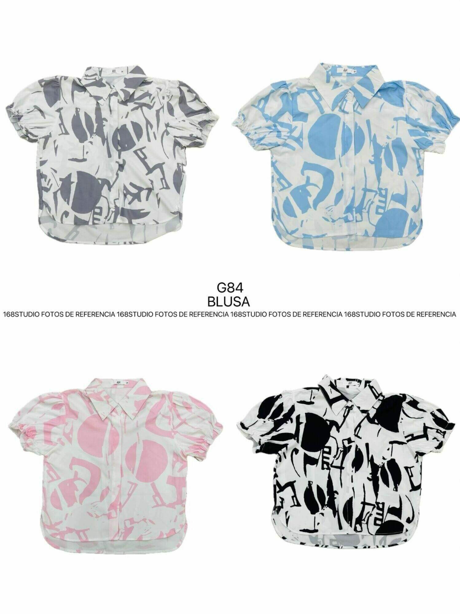 Camisa Corta con Estampado Abstracto, Cuello de Solapa y Corte Holgado