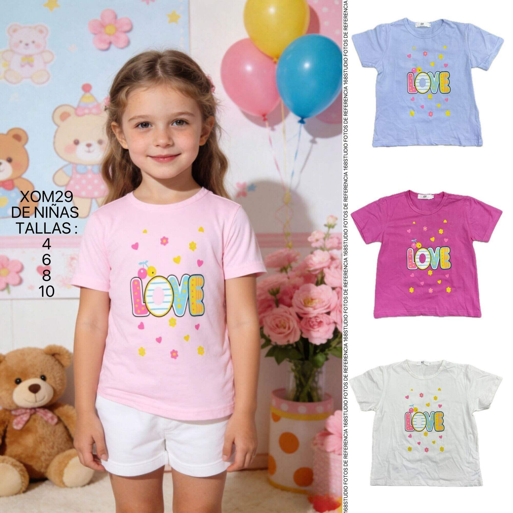 Camiseta de manga corta para niña con estampado de "LOVE", corazones y flores, dulce y juguetona