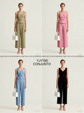 Conjunto de top sin mangas con escote en V y pantalones anchos de talle alto, ideal para el trabajo