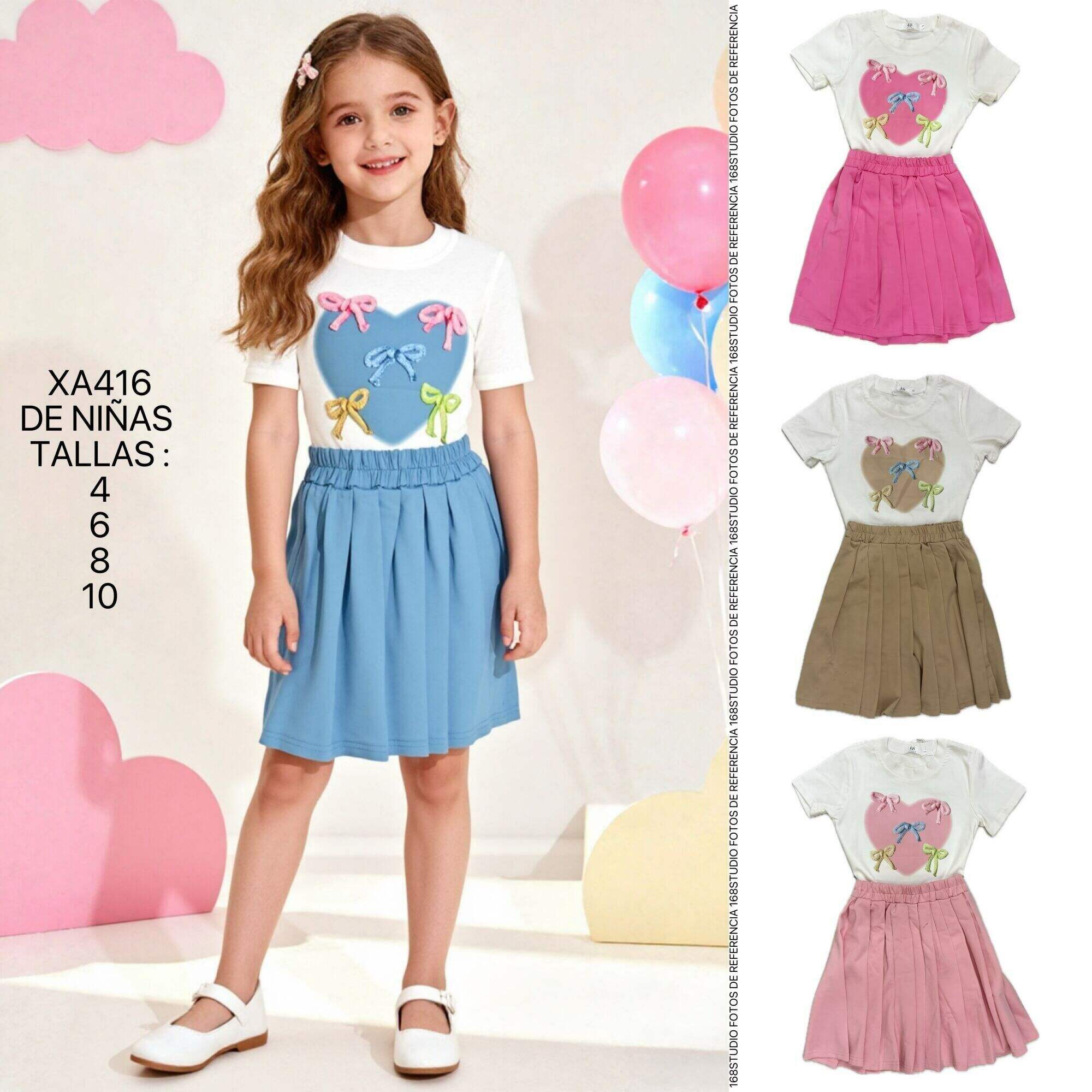 Camiseta de manga corta con estampado de corazón y lazo + falda plisada, dulce y adorable