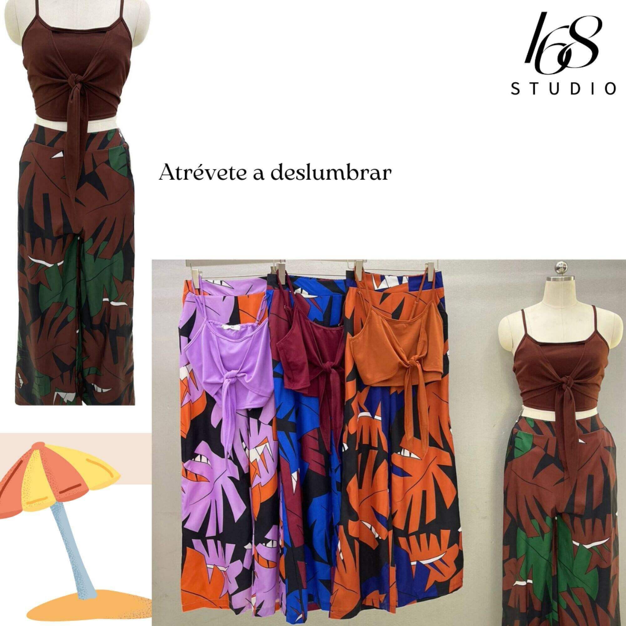 Top corto de tirantes con lazo y pantalones anchos de talle alto con estampado de plantas tropicales
