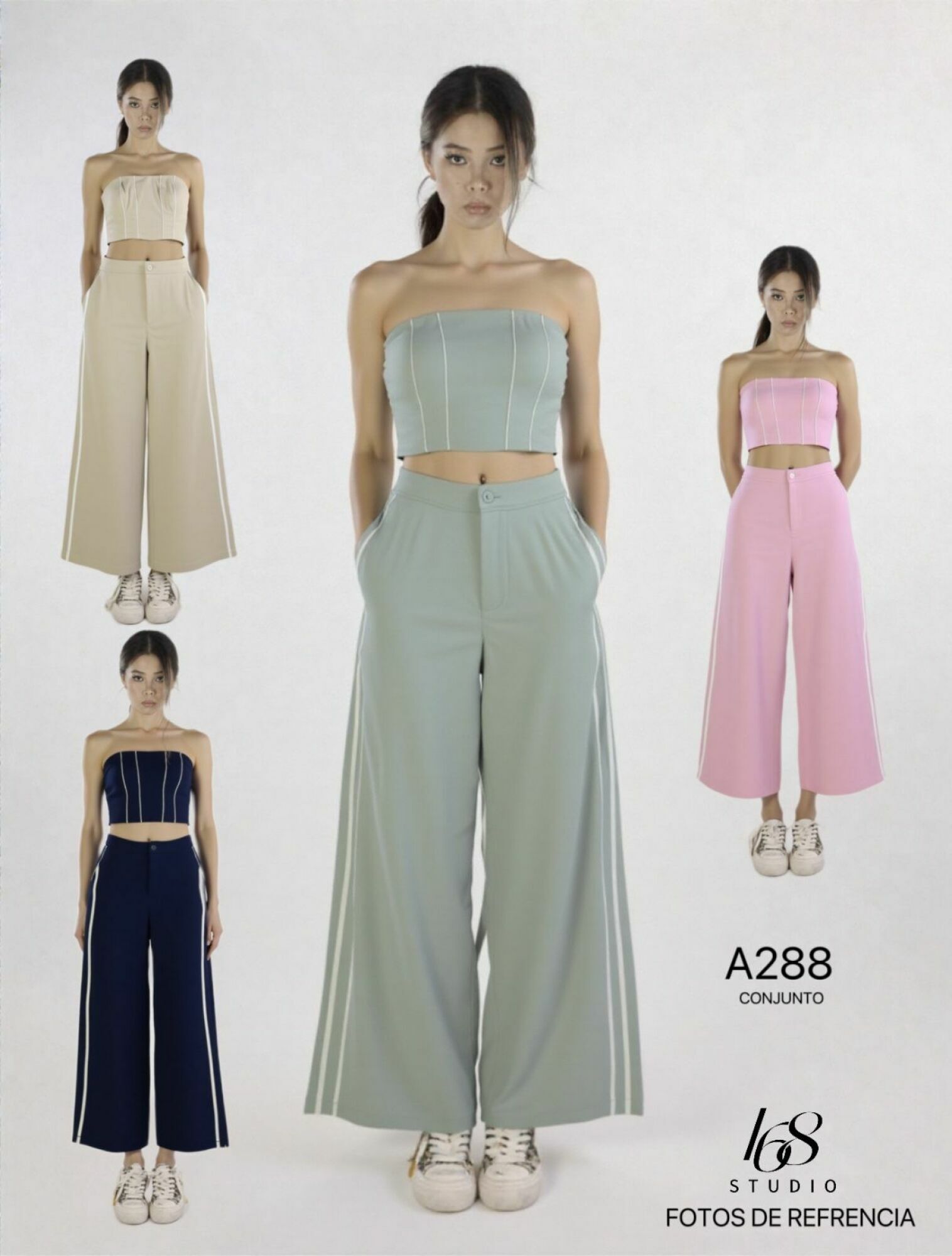 Conjunto de top bandeau y pantalones anchos con rayas laterales, estilo casual y atrevido