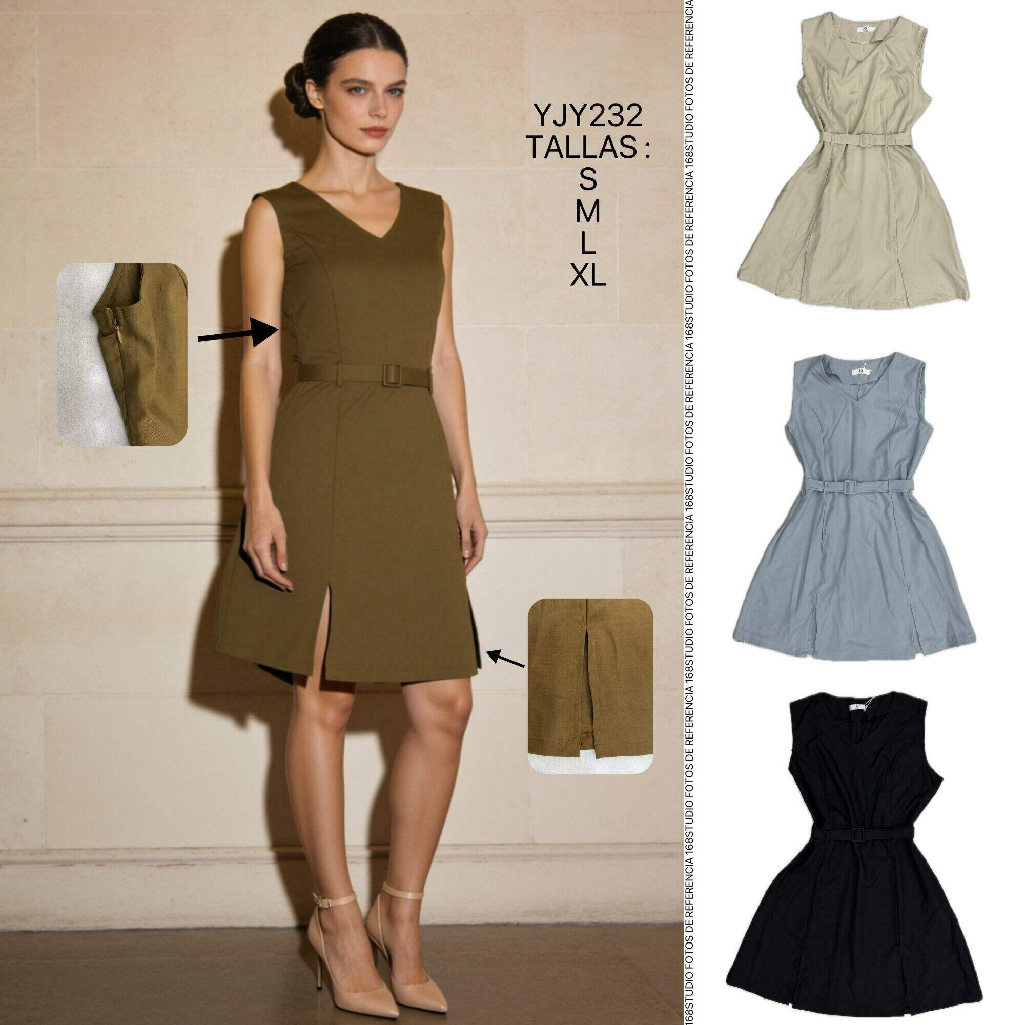Vestido midi sin mangas de cuello V, estilo oficina elegante