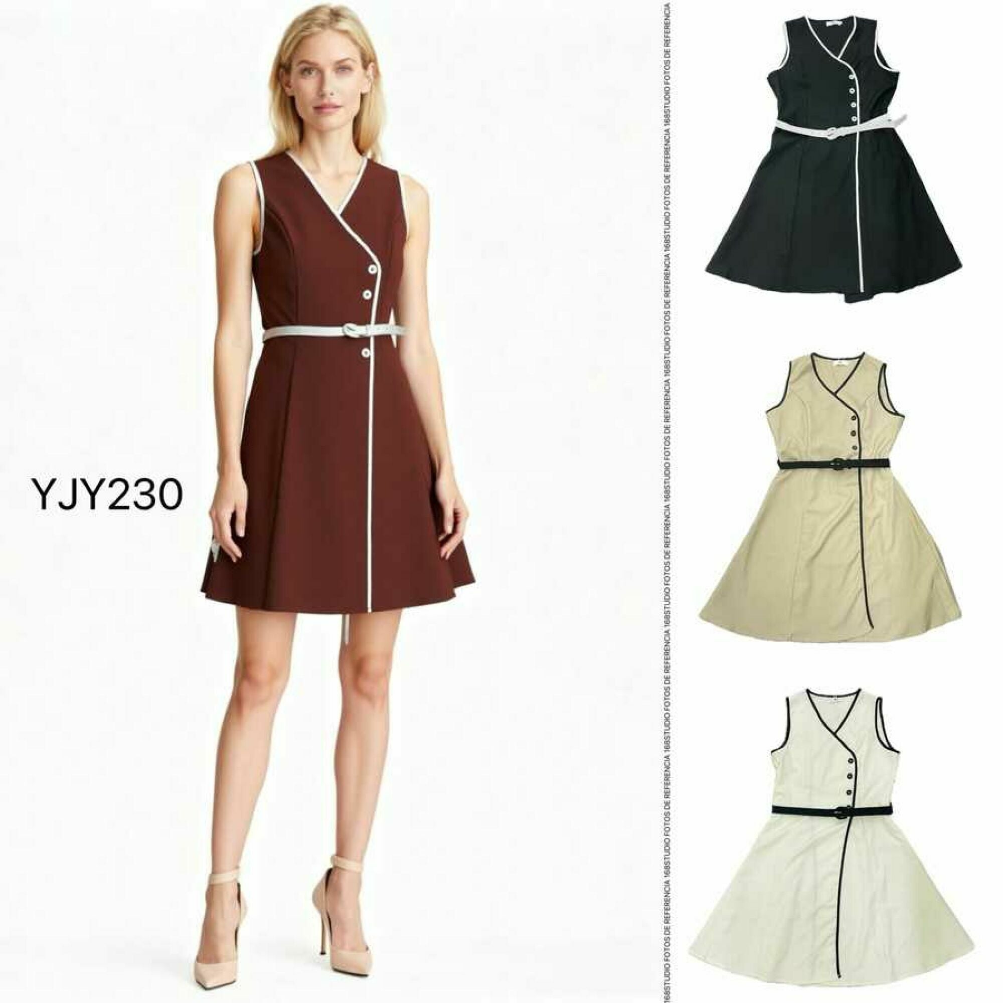 Vestido sin mangas de cuello V con ribete contrastante, corte A de cintura ajustable