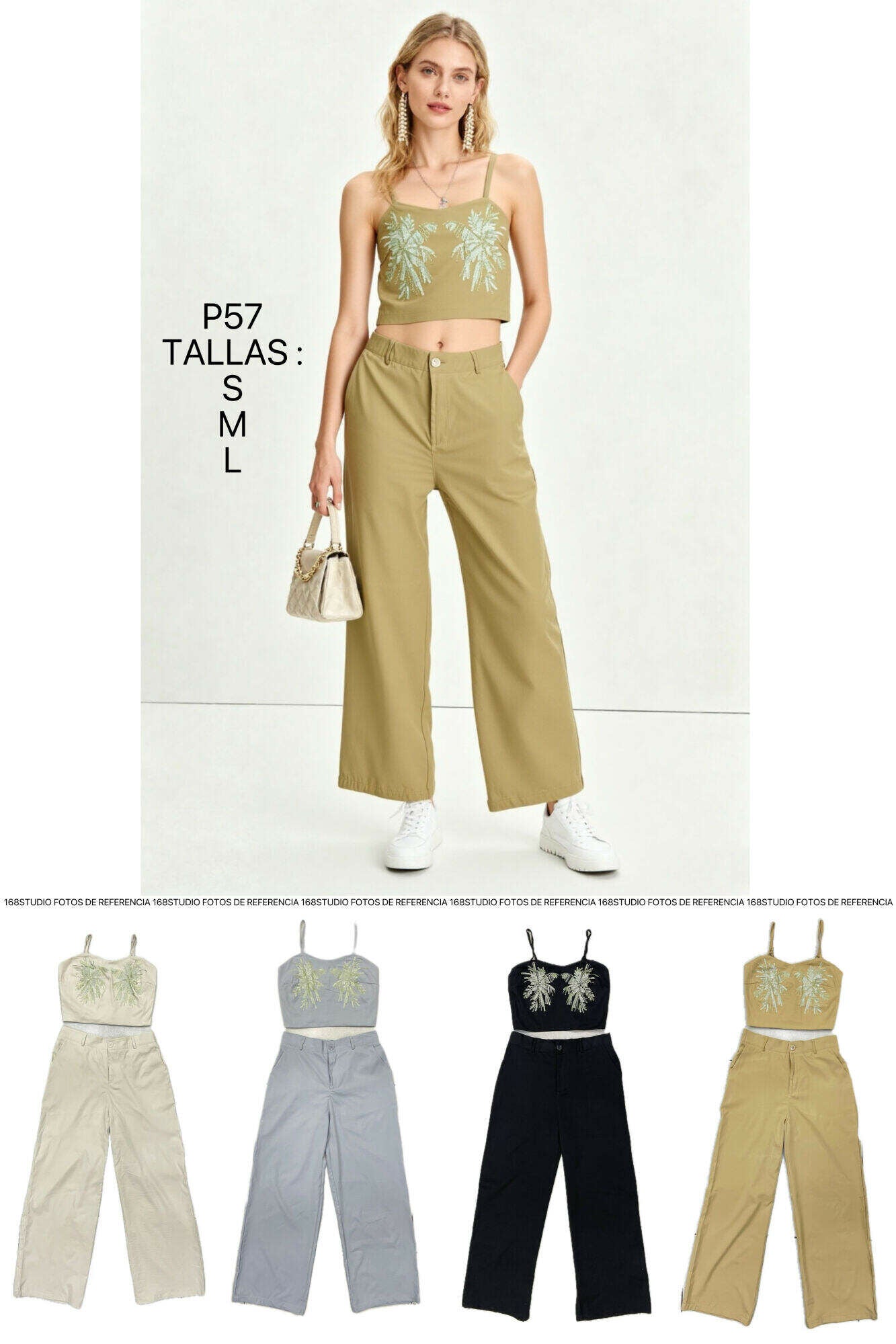 Conjunto de Top de Tirantes con Perlas + Pantalón Ancho