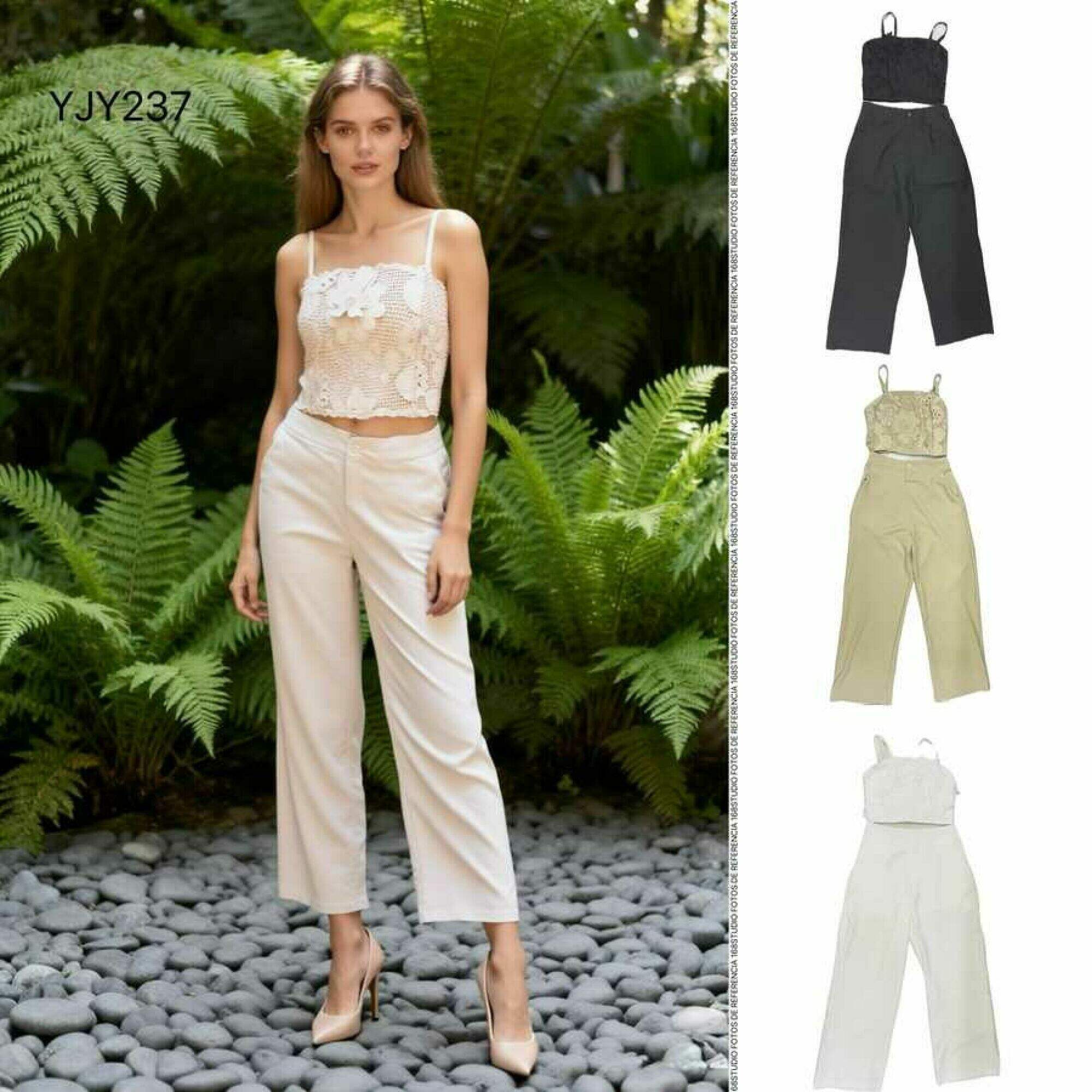 Conjunto de top de tirantes con ganchillo 3D y pantalones anchos