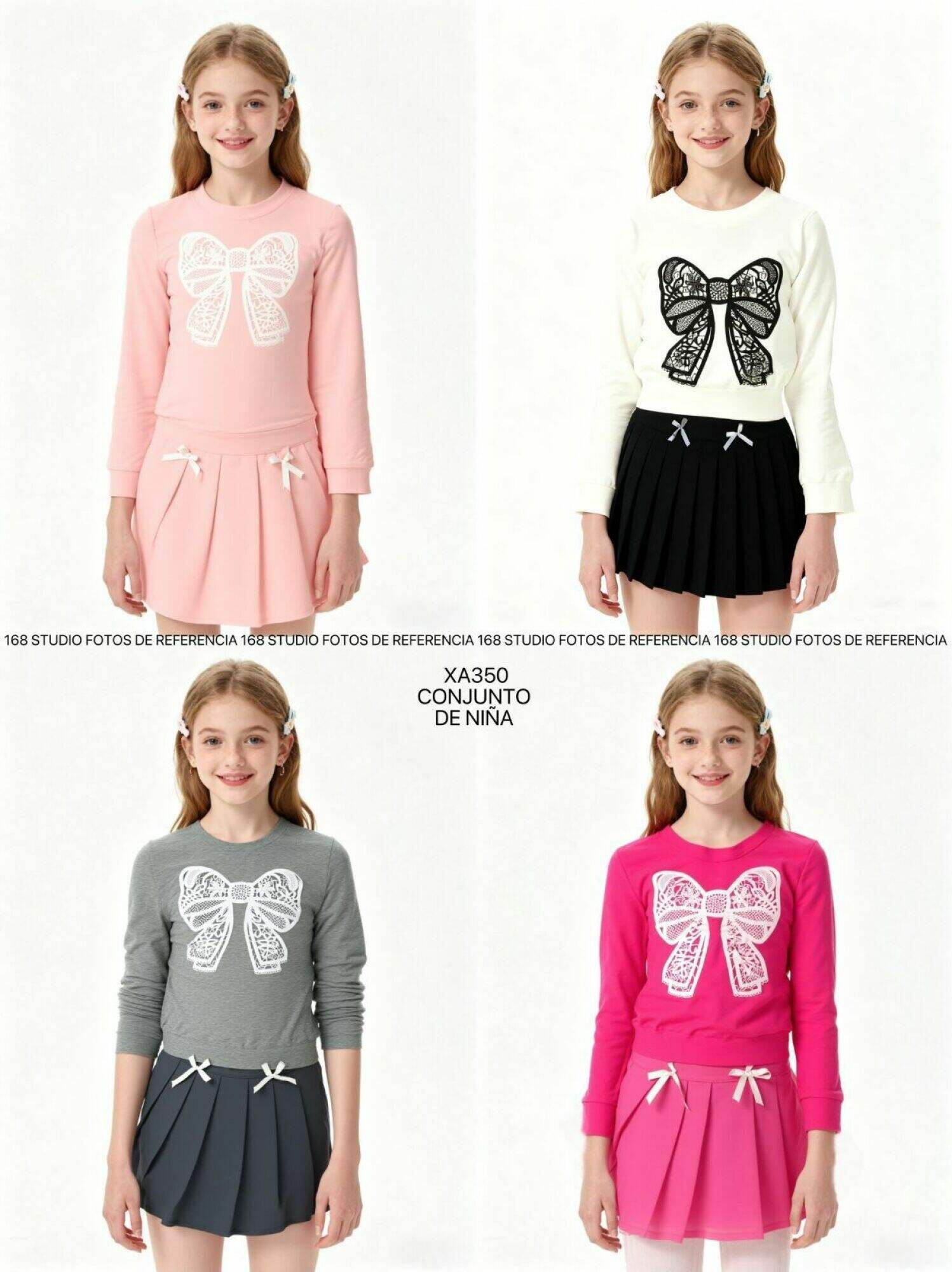 Conjunto de blusa de manga larga y falda plisada con lazo dulce para niña