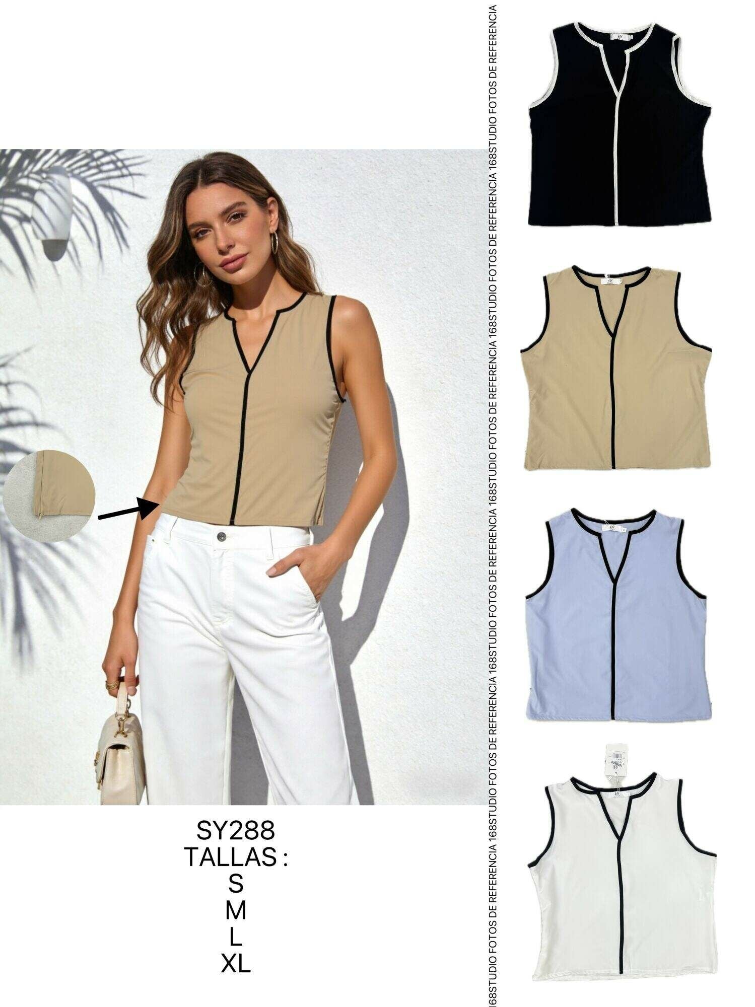 Blusa Sin Mangas con Cuello en V y Costuras de Contraste, Fresca y Versátil