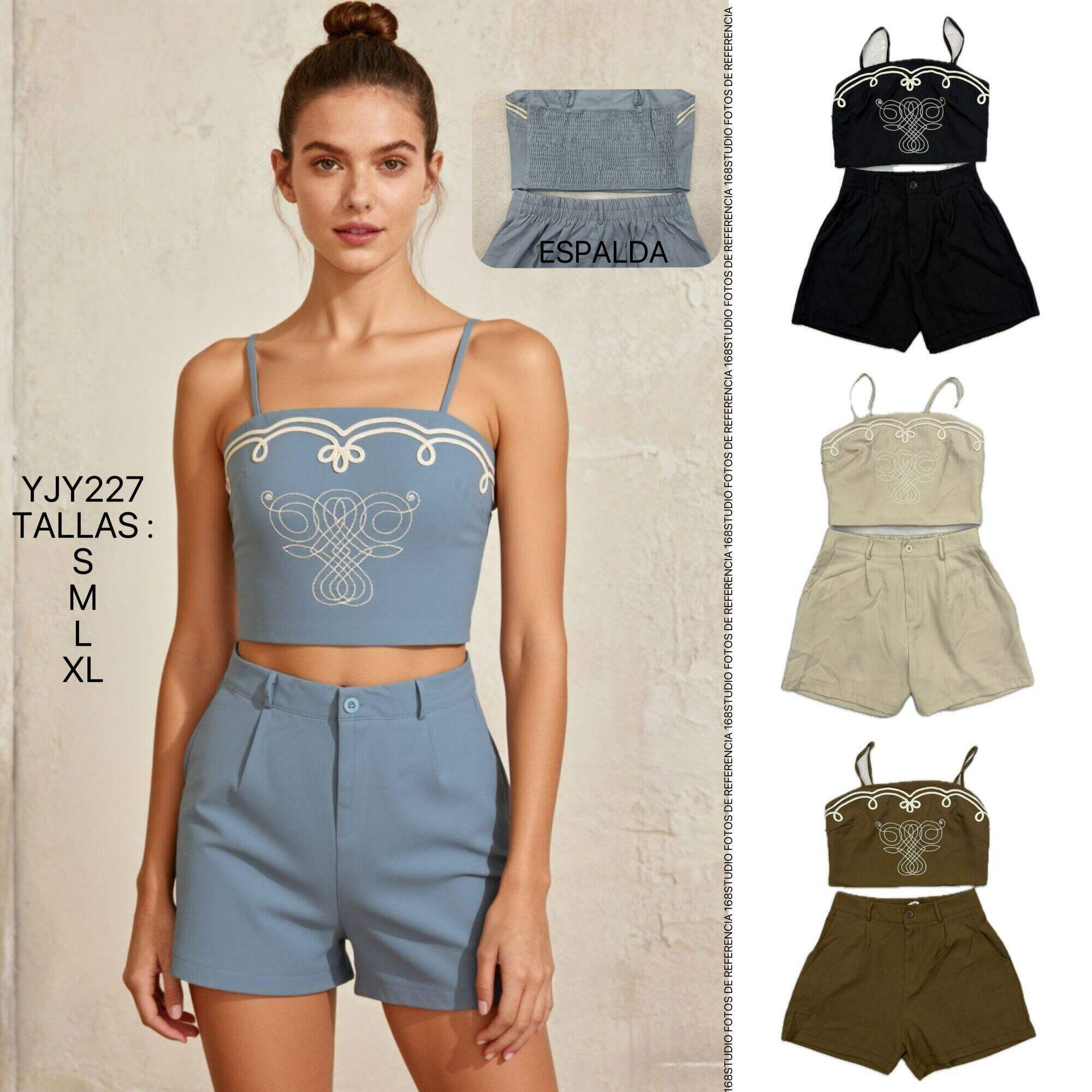 Conjunto de top de tirantes con bordado étnico y shorts
