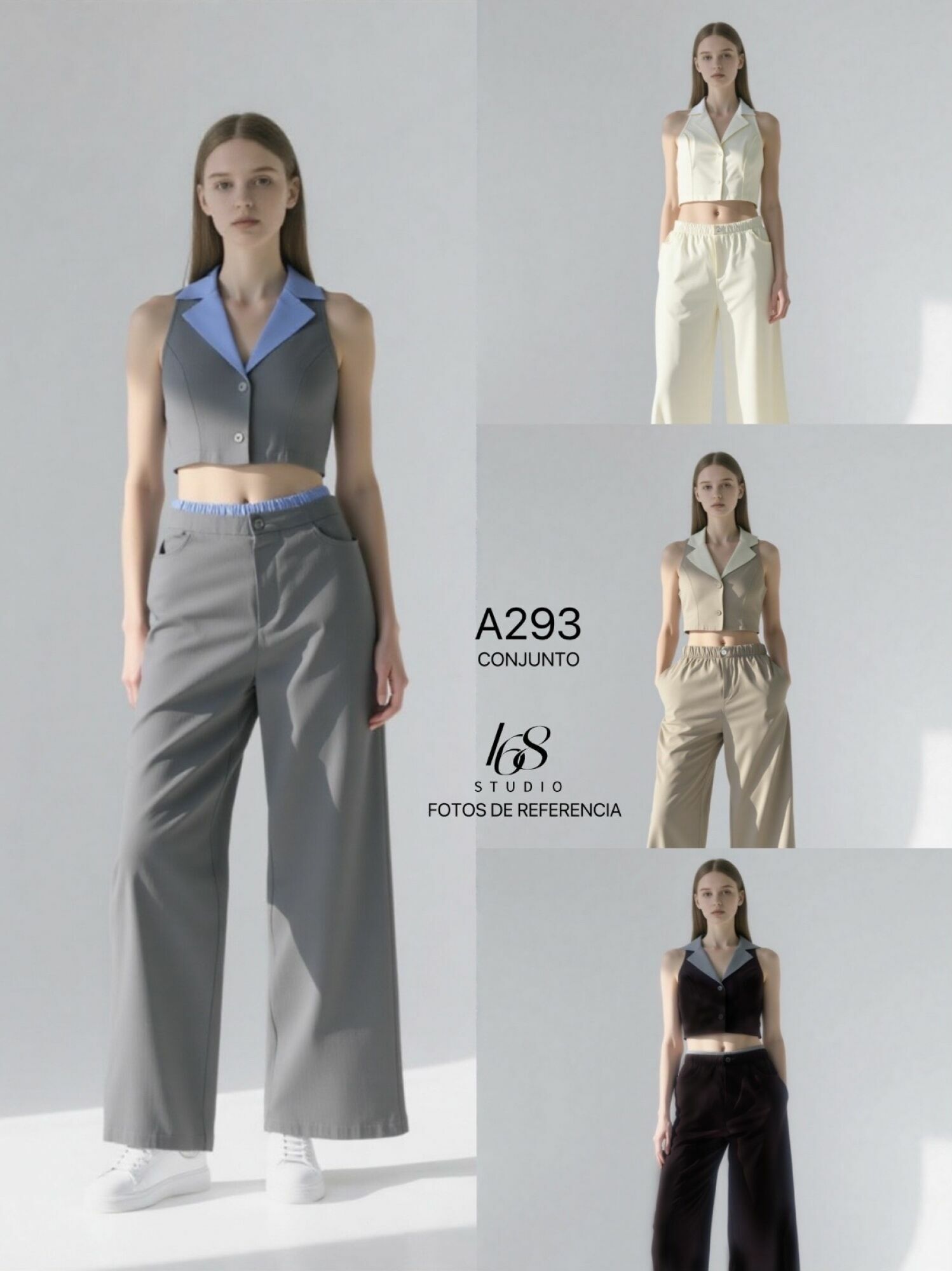 Conjunto de dos piezas: top corto sin mangas con cuello de blazer y pantalones anchos de talle alto
