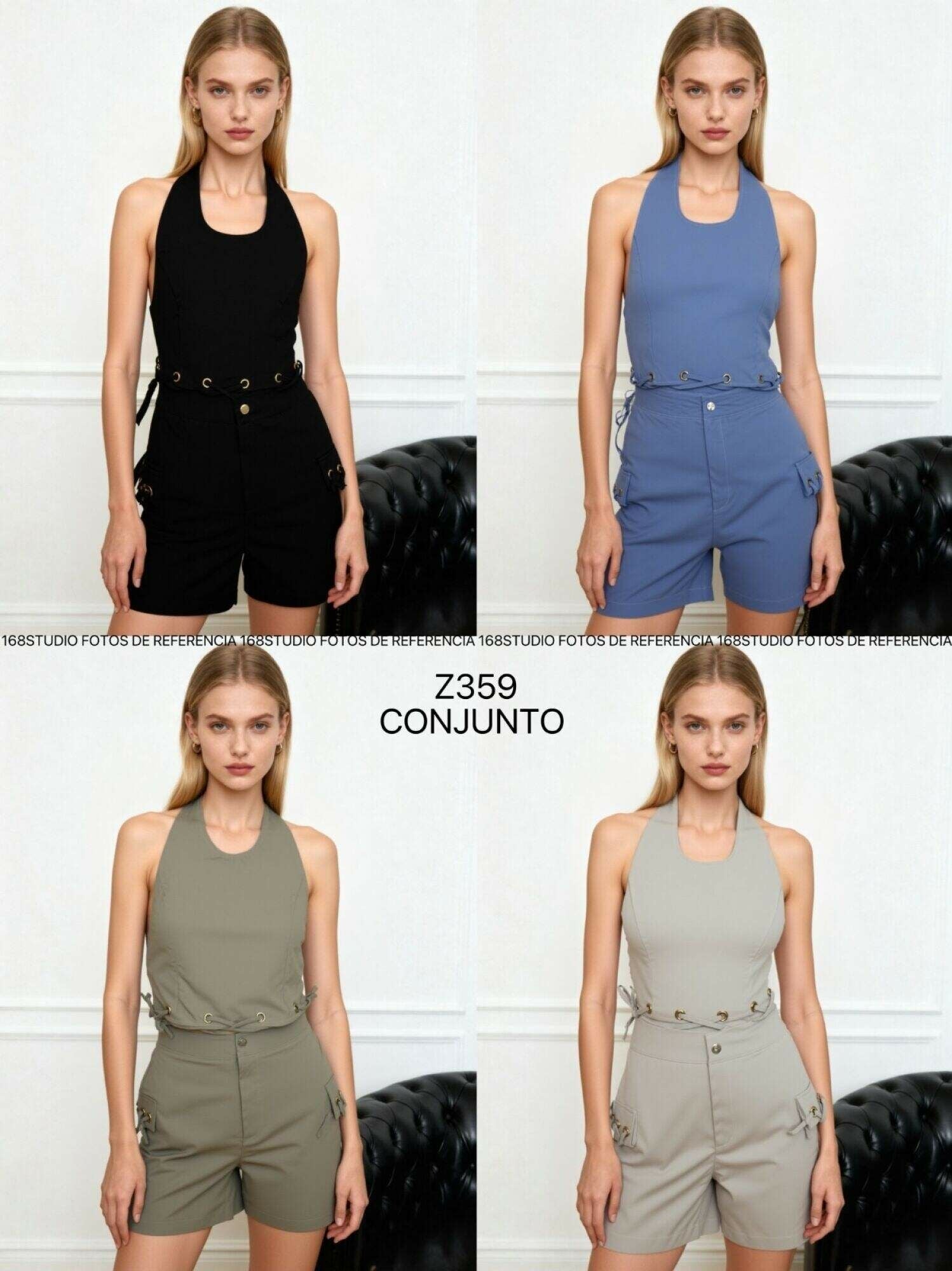 top sin mangas de cuello halter y shorts de talle alto con cinturón