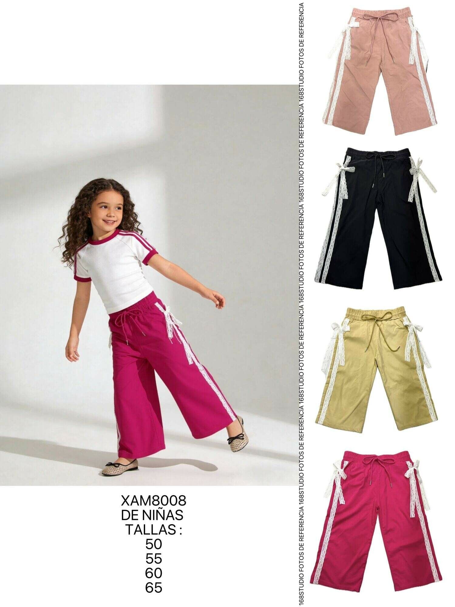 Pantalones anchos para niña XAM8008 con encaje lateral y lazos