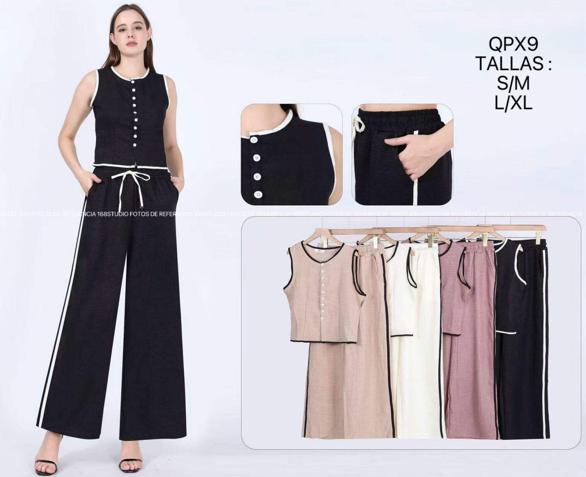 Conjunto de Top Sin Mangas con Borde Contraste + Pantalón Ancho