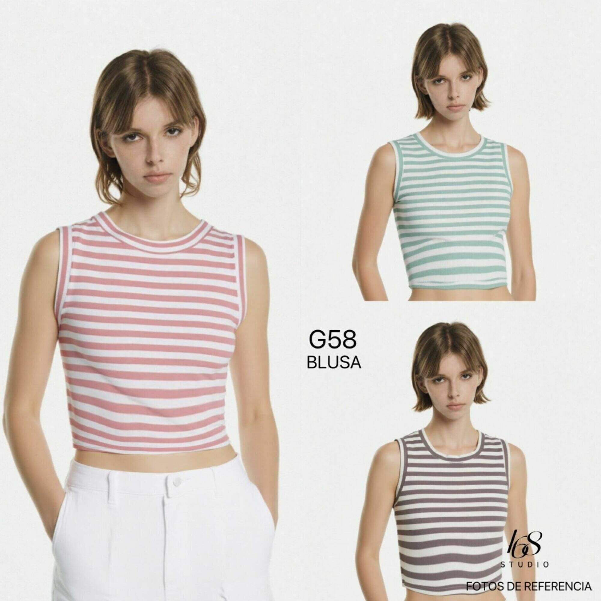 Blusa G58: top corto sin mangas a rayas, estilo retro americano