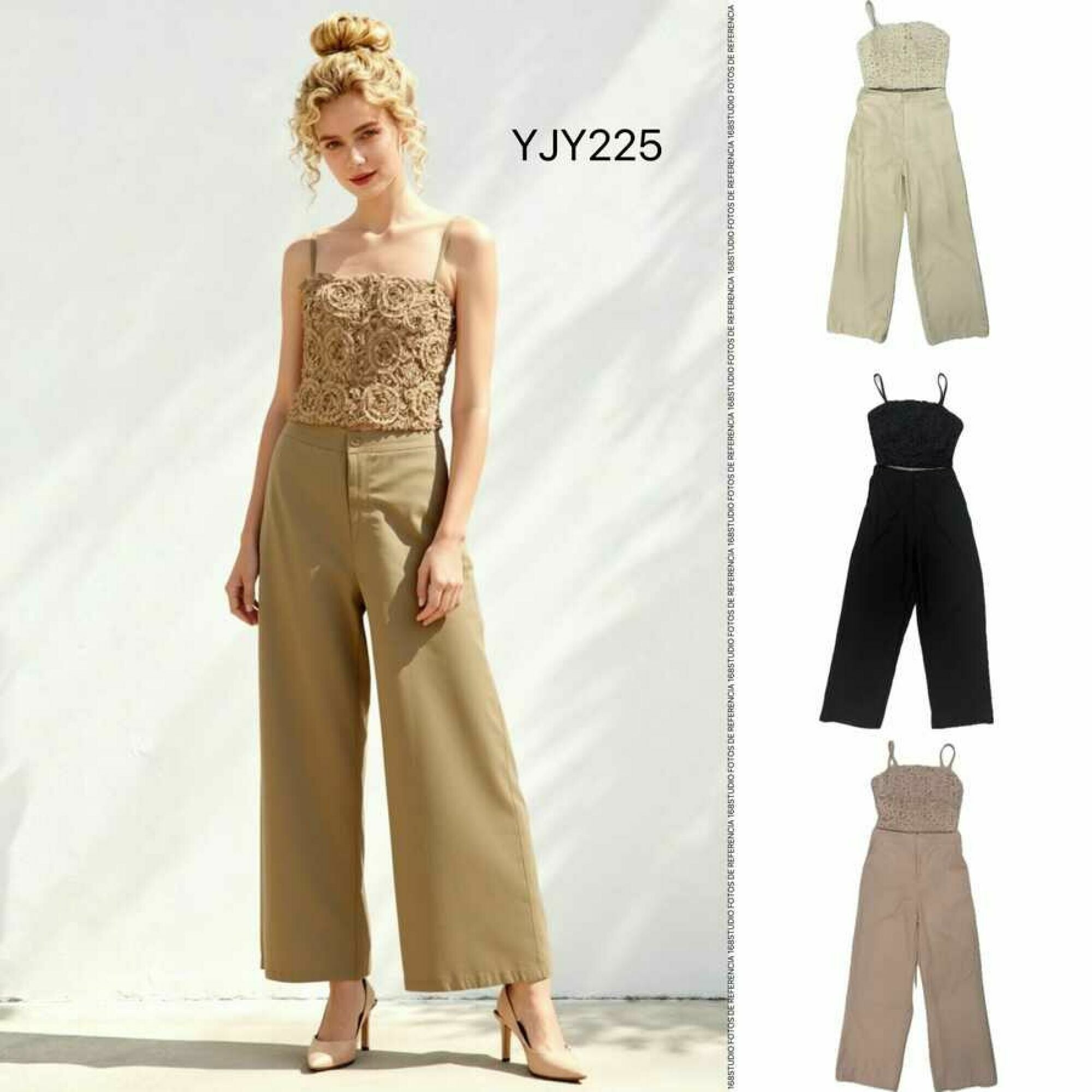 Conjunto de dos piezas con top de tirantes y pantalones anchos con jacquard